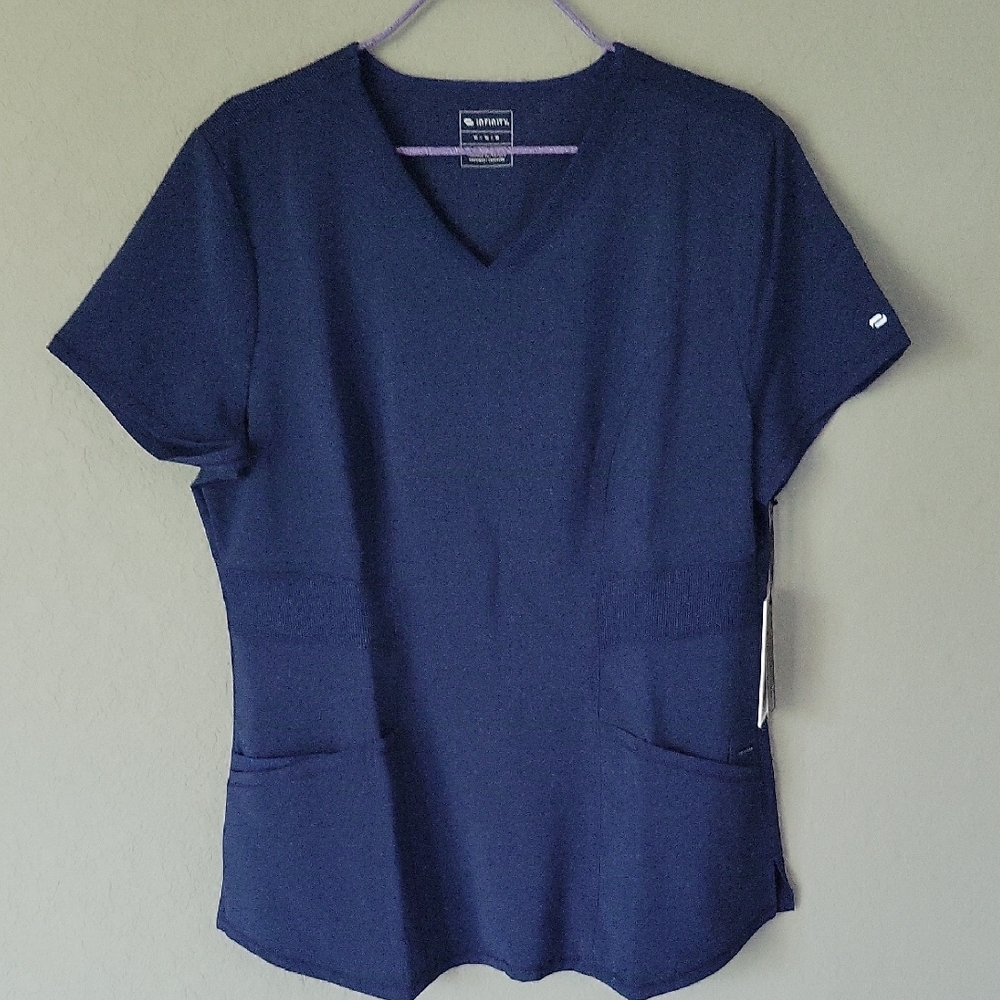 NWT Cherokee Infinity Women's Med V Neck Solid Scrub Top Navy Blue w/ Pockets